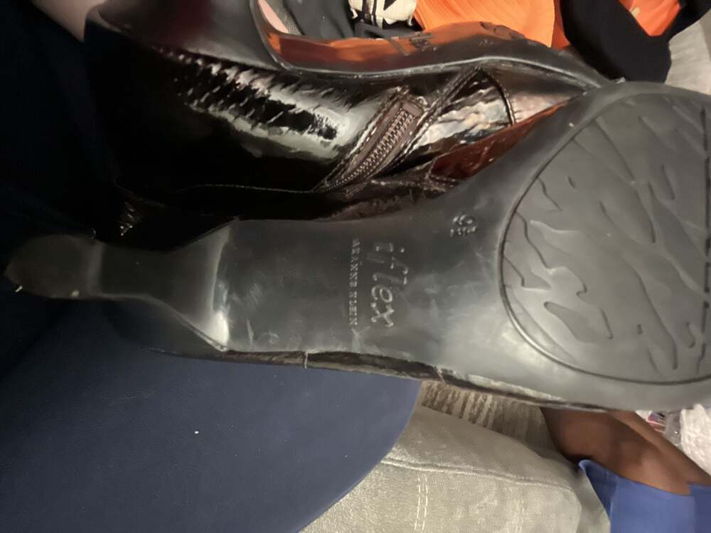 AK Anne Klein iflex Brown Crocodile Embossed Patent Leather Ankle Boots